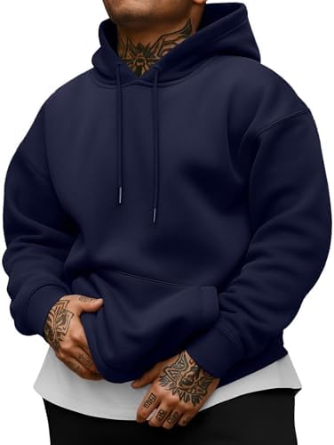 QIXING Herren Fleece Kapuzenpullover Baumwoll gefüttert mit Kangaroo-Tasche & Saumzug - Winter Casual Streetwear Hoodie