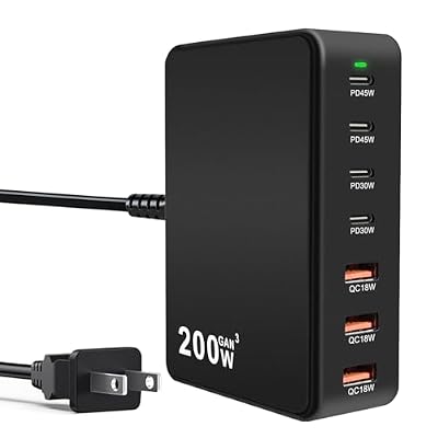 USB C Charger Block 200W PD QC3.0 GaN 7 Port Fast Charging Station(Black)