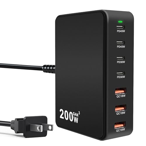 USB C Charger Charging Station 200W 7-Port GaN Fast Charging Block PD 3.0 TypeC and USB A Wall...