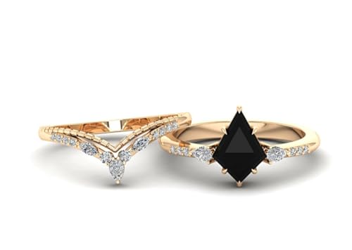 Kite Shaped Black Onyx Engagement Ring Set Rose Gold Unique Black Stone Silver Art Deco Wedding Ring for Women Vintage Bridal Promise Ring Set4