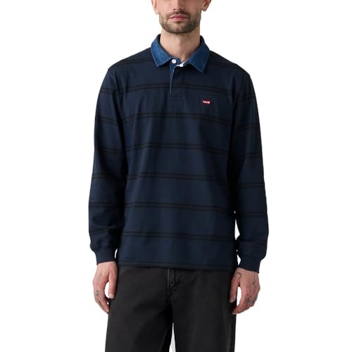 LEVI'S Men's Classic Long Sleeve Rugby Shirt, (New) Ennis Stripe Nightfall Navy Jersey, Medium