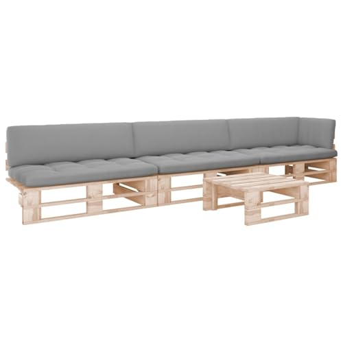 Gecheer Muebles de palets 4 pzas con Cojines,Muebles de Jardín Exterior,Sofá Exterior,Madera Pino,Sillones Mesa para Exterior Patio Terraza,Esquina + 2X centrales + Mesa Gris