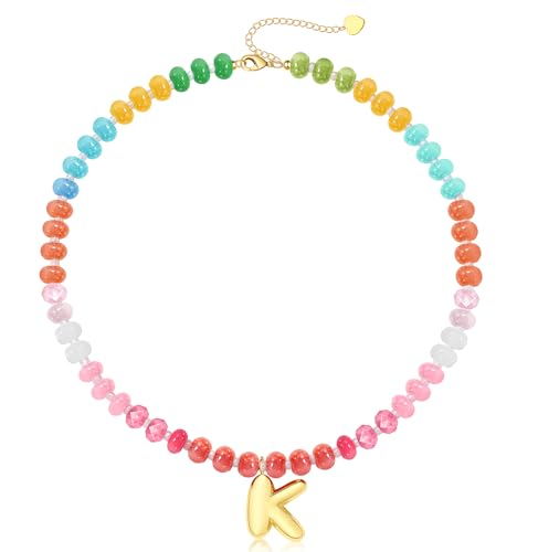 Initial Necklaces for Women, Beaded Necklaces for Women with Bubble Necklace Letter Stocking Stuffers for Teens Trendy Stuff Colorful Gemstone Choker 14k Gold Letter A-Z Pendant Summer Beach Christmas Birthday Jewelry for Her Girlfriend Sister