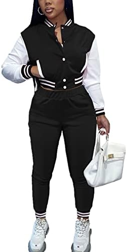 KELOVEPAN Sweatsuits for Women Set 2 Piece Patchwork Tracksuits Long Sleeve Button Down Crop Bomber Varsity Jacket Pants Set Sexy Black L