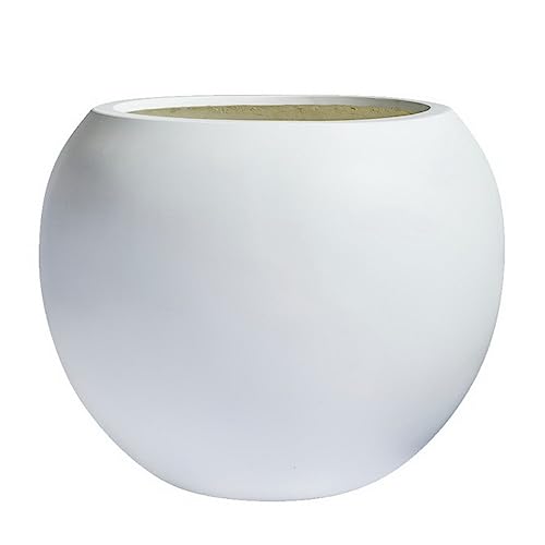 DTY Signature Mount Sherman Lightweight Durable Modern Fiberstone Sphere Planter for Indoor & Outdoor Drainage Hole & Rubber Plug Weather Resistant, 13.5" H x 17" Dia, 12" Opening - Medium, White