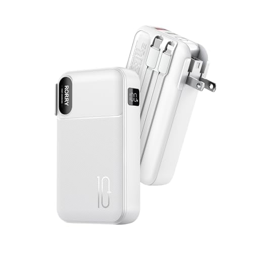 Image of RORRY Portable Charger w /Wall Plug 10000mAh Power Bank 22.5W Battery Pack | Built in Cables, Fast Charging, for iPhone, iPad, Samsung Galaxy, Pixel, LG, Travel Essential, Digital Display, Pocket Size