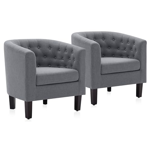 Image of BELLEZE Accent Barrel Arm Chair, Set of 2 Modern Comfy Upholstered Tufted Club Chair with Sturdy Legs and Linen Fabric for Bedroom Living Room - Gray