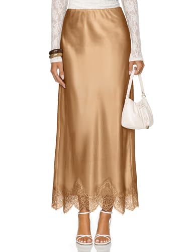 maxi skirts satin lace patchwork - brown