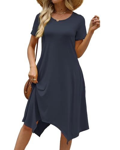 Image of COSSEN Women's 2026 Summer Midi Dress Crew Neck Short Sleeve Casual Tshirt Flowy Loose Sundress with Pockets