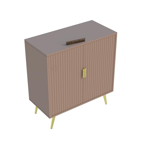 Image of Wooden Fluted Design Storage Cabinet with 2 Doors | Modern Sideboard Cabinet for Living Room, Bedroom & Entryway | Multipurpose Organizer Cupboard | HDMR Premium Wood | Gold Metal Legs (Beige)