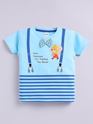 Image of LITTLE NINJA Pure Cotton Knee Length Half Sleeve Kitty Cat Printed Tee & Shorts Set - Sky 0-6M
