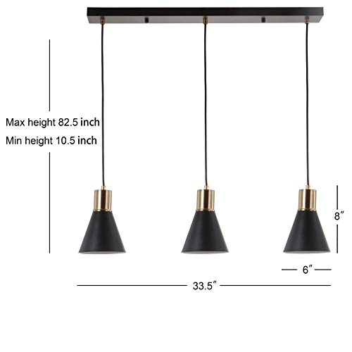 Image of JONATHAN Y Apollo Mid-Century 3-Light Pendant 33.5 inch, Black /Brass Gold | Modern, Adjustable Height, Metal Cone Shade, Kitchen Island, Hallway, UL Listed, Slope-Compatible, LED Bulb Included