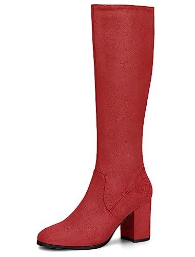 Allegra K Women's Side Zipper Chunky Heel Red Knee High Boots 5.5 M US