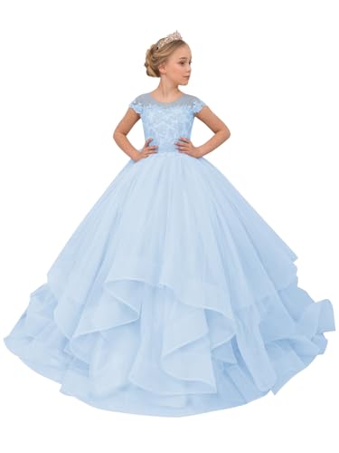 PAVERJER Light Blue Long Princess Pageant Dress Ruffles Flower Girl Dress Lace Appliques Tulle Wedding Party Dresses Size 4