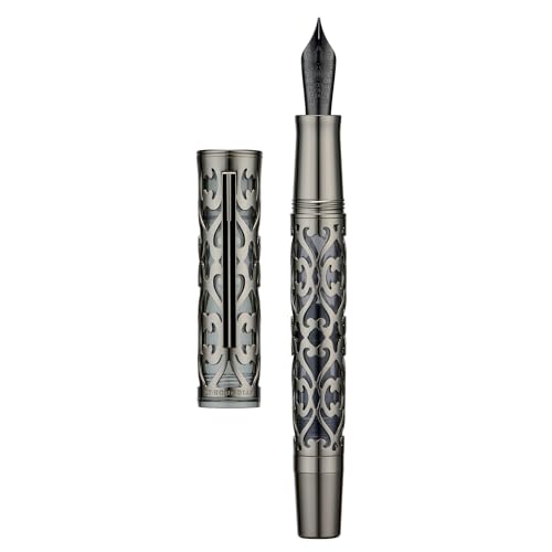 Image of Hongdian D1 Piston Fountain Pen Extra Fine Soft Nib, Jet Black Hollow Skeleton & Resin Pen with Metal Case Set