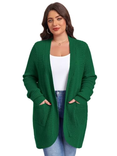 Image of LARACE Long Cardigans for Women Plus Size Tops Open Front Sweaters with Pockets Waffle Ribbed Sleeve Loose Fall Outwear