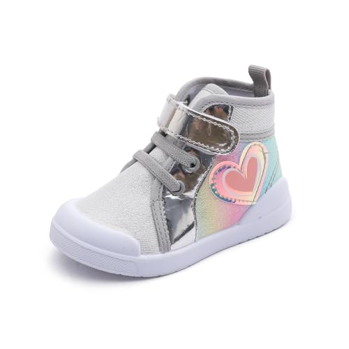 Girls Sneakers Kids High Top Casual Canvas Shoes with Hook & Loop Closure Gradient Color Pinky Heart 5 Toddler Silver