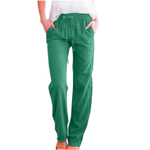 Image of Linen Pants Women High Waisted Drawstring Casual Pant Cotton Linen Straight Leg Lounge Trousers with Side Pockets
