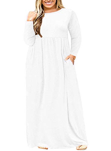 LONGYUAN Women L-6XL Long Sleeve Casual Plus Size Long Dress with Pockets White,6XL