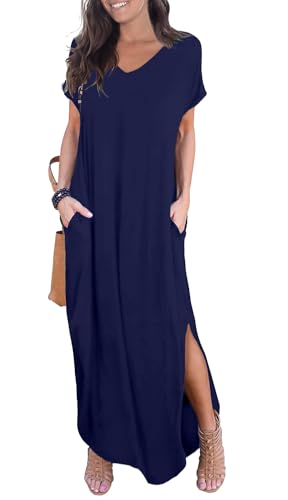 Image of GRECERELLE Women's Summer Maxi Dress Casual Loose V Neck Short Sleeve Side Split Long Dresses with Functional Pockets