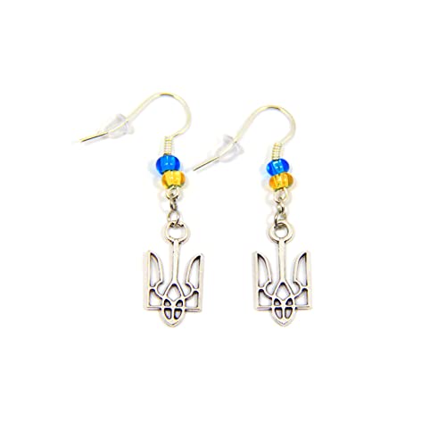 Ukrainian Flag Earrings, Handmade Silver Tryzub Earrings, Pray for Ukraine Jewelry, Ukrainian Symbol Jewelry, Ukrainian Emblem Earrings, Yellow and Blue Jewellery, Support Ukrainian Sellers
