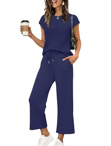 Image of Sampeel Two Piece Sets for Women Summer Vacation Outfits Cap Sleeve Tops Lounge Matching Sets Women Clothing