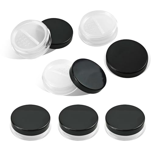 Nirvany 6PCS 10ml Refillable Loose Powder Containers, Black Travel Makeup Jars with Rotating Sifter & Leakproof Screw Lids