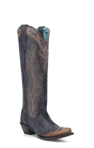 Corral Boots Womens Honey Feather Crackled Embroidered Tooled Inlay Studded Snip Toe Casual Boots Knee High Mid Heel 2-3
