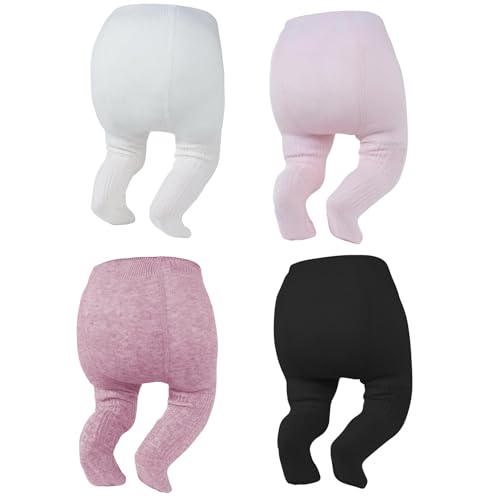 Zando 4 Pack Newborn Baby Girl Tights Cable Knit Infant Tights Soft Cotton Warm Full-Footed Leggings Elastic Fit Seamless Stockings Winter Pantyhose Christening White Black Pink Purple 0-6 Months