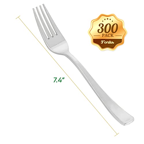Focusline 300 Pack Disposable Silver Plastic Forks, Solid And Durable Plastic Cutlery Forks, Heavy Duty Disposable Utensil Silverware For Catering, Parties, Dinners, Weddings #TOP1