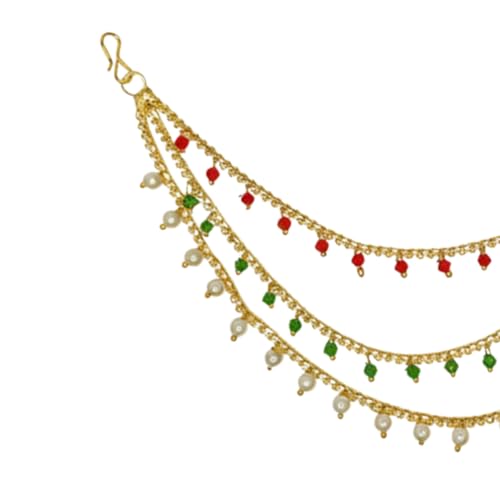 Image of Traditional Gold Plated Alloy Ear Chain Pair with Kundan & Pearl Dangling Design | 3 Layer Bridal Ear Chain for Women