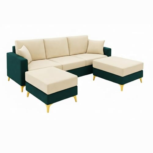 Image of Strike Dual Tone Plush 5 Seater L Shape Sofa Set with 2 Movable Ottomans| Flexible Layout | Silken Velvet Suede| Golden Metal Legs|for Living Rooms & Office (Green Teal & Cream) | Breathable Material