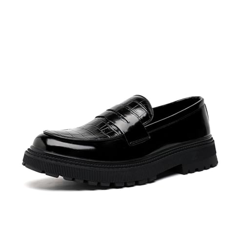 Men's Leather Printed Chunky Platform Penny Loafers Retro Round Toe Slip-On Lug Sole Work Business Casual Shoes