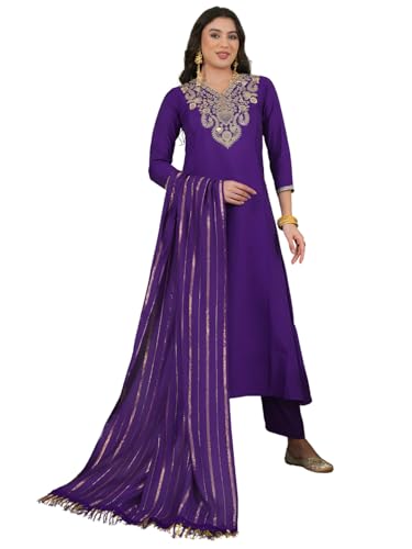 Image of Naixa Women's Viscose Silk Embroidered A-Line Kurta with Pant | Viscose Jacquard Stripes Dupatta Set | 3 /4 Sleeve | V-Neck | Festive