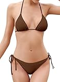 SHEKINI Bikini Damen Set Sexy Klassischer Triangel Rückenfrei Bikinioberteil Verstellbare Zweiteiliger Badeanzug Niedrige Taille Ruched Bikinihose für Frauen (L,Braun)