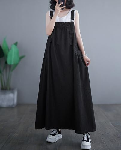 Image of Women's Casual Loose Denim Dress Sleeveless Adjustable Straps Denim Jumper Dress with Pockets