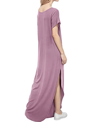 Image of Match Women's V-Neck Casual Loose Short Sleeve Long T-Shirt Dress Split Maxi Dress with Side Pocket