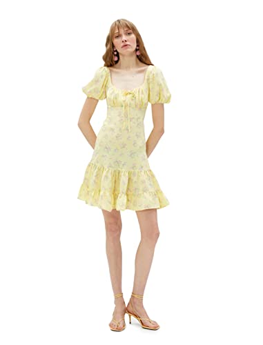 Robe courte jaune à motif floral avec manches bouffantes stylées Koton 44