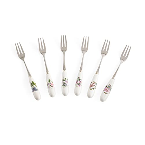 Portmeirion x Botanic Garden 6 Piece Pastry Fork Set - Elegant Porcelain Handle with Floral Design, Durable Stainless Steel Cutlery for Stylish Dining
