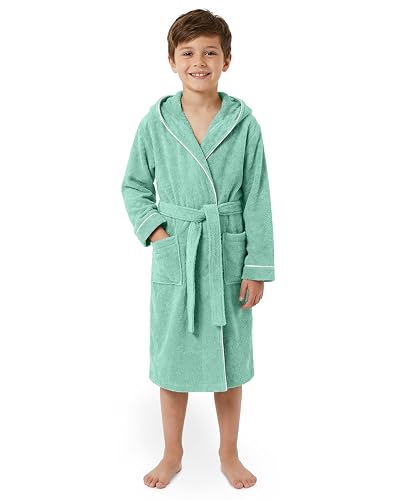 LAYNENBURG Premium Bademantel Kinder & Teenager mit Kapuze - 100% Baumwolle - OEKO TEX Standard 100 - flauschiges Frottee - Größe (134/140, Türkis)