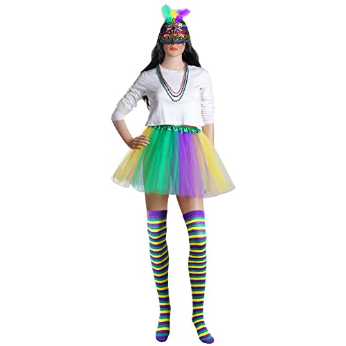 7 Pieces Mardi Gras Costume Accessory Set Tutu Skirt, Faux Feather Half Mask,Mardi Gras Beads,Long Socks For Women And Girls #TOP4