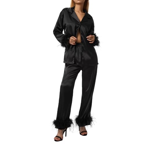 Women Satin Silk Pajamas Set with Fuzzy Feather Trim Solid Long Sleeve Shirt Tops High Waisted Pants Pjs Loungewear2