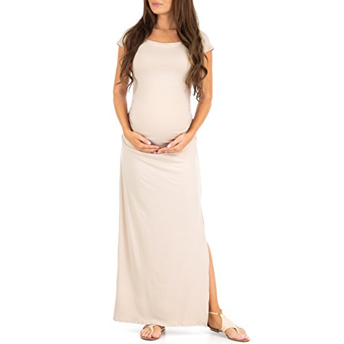 Mother Bee Maternity Shortsleeve Ruched Bodycon Maternity Dress with Side Slits (Stone, Medium)