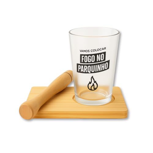 Kit Caipirinha Completo – Copo Fosco, Muddler e Base de Madeira para Drinks Profissionais em Casa