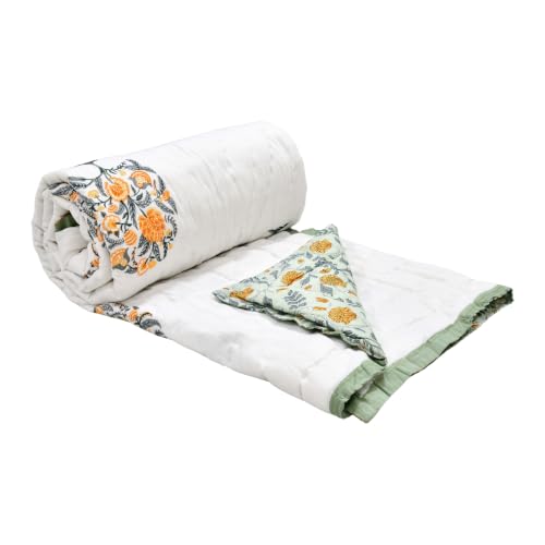 Image of BLOCKS OF INDIA Cotton Single Size Quilt Hand Block Print for Light Winters (60x90 Inches) (Green