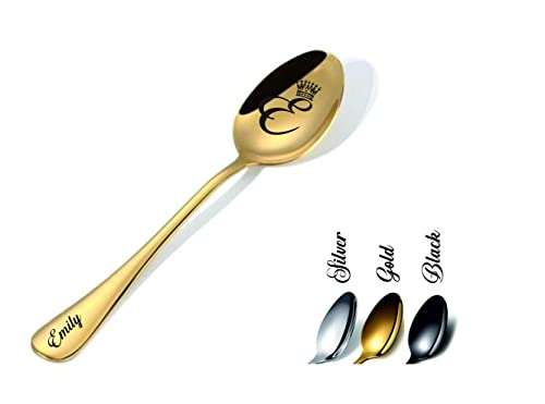 Personalized Name Initial Spoon Engraved Stainless Steel Silver Gold Black Spoon, Customized Cutlery For Adults Kids, Boys Girls, Best Christmas Gift For Coffee Tea Lovers, 5.7" Size #TOP1