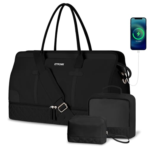 Image of ETRONIK Weekender Bags for Women, Large Travel Duffle Bag with Shoe Compartment & Wet Pocket, Carry On Tote Bag Gym Overnight Bag with Toiletry Bag for Hospital 3 Pcs Set, Large Size, Black