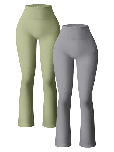 OQQ Women's 2 Piece Yoga Pants Ribbed Seamless Workout High Waist Bell Bottoms Flare Leggings