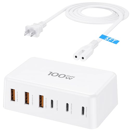 USB C Fast Charger Block,100W GaN 6 Port USB C Charging Station for Multiple Devices, 3 USB C 3 USB A Power Strip Hub Adapter Plug Cube for iPhone 15 14 13 12 11 Pro Max iPad Pixel Samsung Galaxy