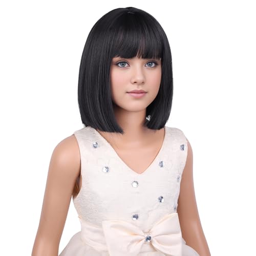 Image of PATTNIUM Kids Black Wig Child Black bob Wig Short Black Wig for Girls Cosplay Party Synthetic Rose Net Daily Wear Wig (Black)